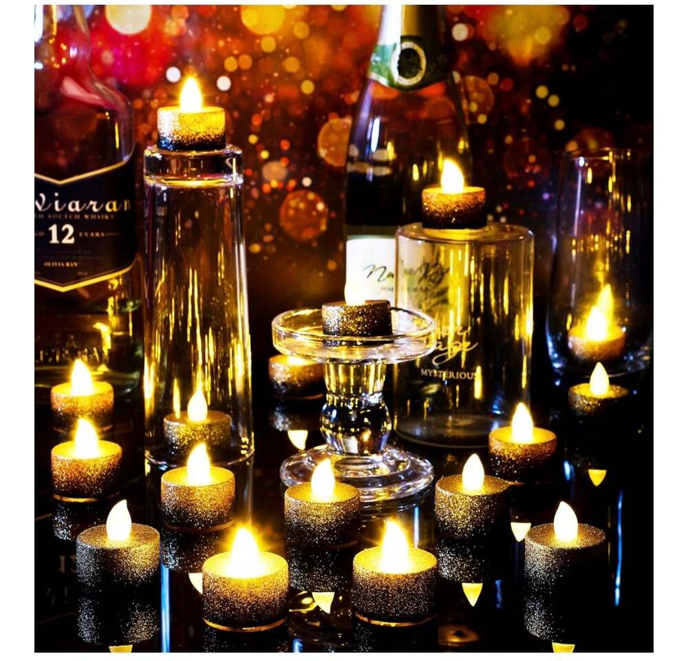 NIB Set of 24 Black & Gold Glitter Ombre Flameless LED Tealight Candles 1.46"